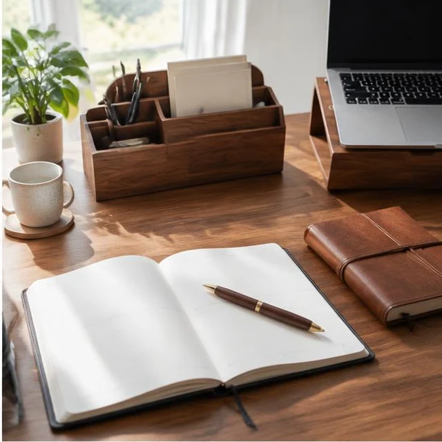 Guided Reflection Journal — Fountain pen, open journal and walnut organizer on a tidy desk