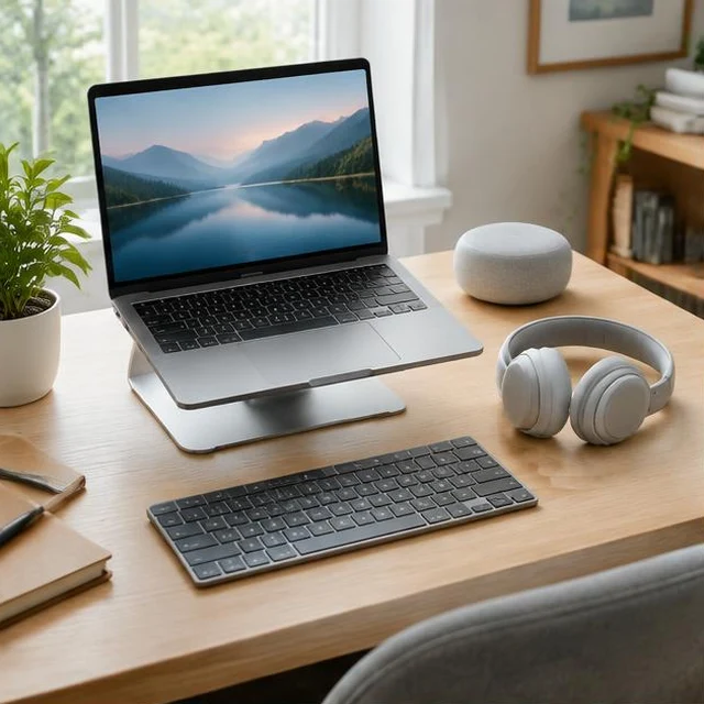 Mini Portable Projector — Laptop, headphones and keyboard in a sunlit workspace